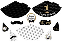 Little Man Printable Hats. Black, White, Golden Mustache Pattern. Print And Cut. Vector Cones Template To Head For A Party (birthday, Baby Shower, It Is A Boy). Vintage Modern Style. First Happy Birth