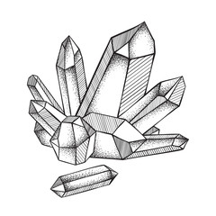 Crystals druse isolated on white background hand drawn line art and dot work vector illustration. Black work, flash tattoo or print design