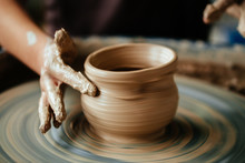 Hands Of Young Potter, Close Up Hands Made Cup On Pottery Wheel