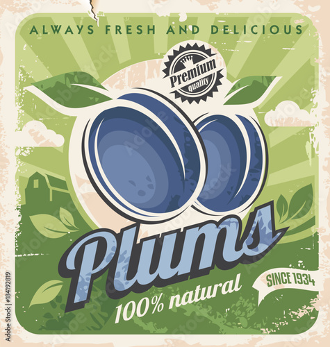 Fotografía Farm fresh organic plums retro poster design