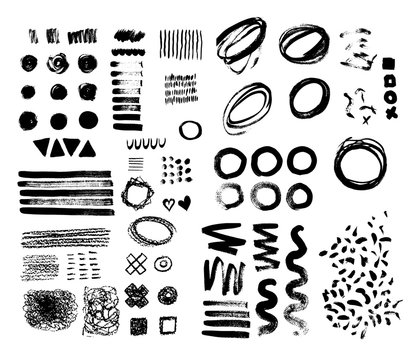 hand-drawn brush raw textured shapes. black ink random hand drawn scribbles set isolated on white ba