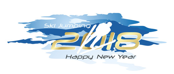  Ski Jumping 2018 Happy New Year logo icon watercolor blue white background