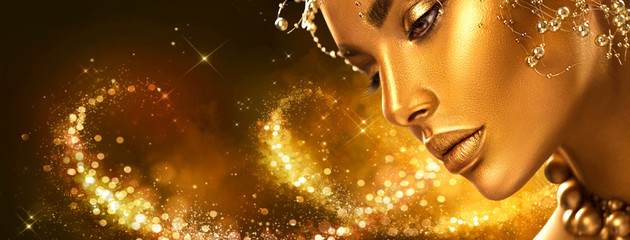 Wall Mural - beauty model girl with holiday golden shiny professional makeup