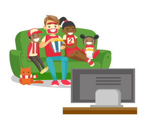 Sticker - Young happy multicultural family sitting on sofa, eating popcorn and watching football game together on television at home. Vector cartoon illustration isolated on white background. Square layout.