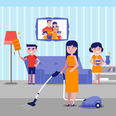 Sticker - Caucasian white family having fun while cleaning living room with a vacuum cleaner and a brush for dust. Young mother with son and daughter cleaning house. Vector cartoon illustration. Square layout.