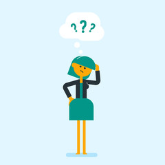 Poster - Young worried caucasian white business woman scratching her head while standing under question marks. Business woman does not have answers to many questions. Vector cartoon illustration. Square layout