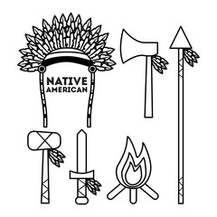 Sticker - native american weapons tools icons set outline vector illustration