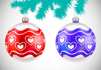 Vector set of two decorative Christmas balls on white. Toys for fir tree.