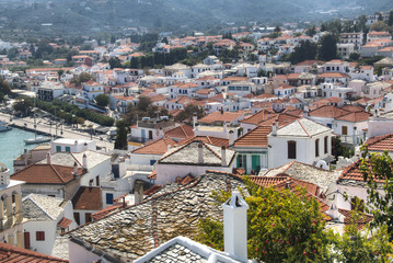 Typical historical houses in Skopelos town on Skopelos island in Greece
