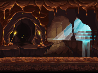 Illustration fantasy cave with a waterfall