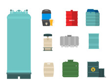 Oil Drums Container Fuel Cask Storage Rows Steel Barrels Capacity Tanks Natural Metal Bowels Chemical Vessel Vector Illustration