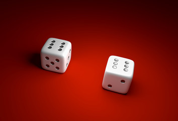 Wall Mural - Two dice with number six on red casino background