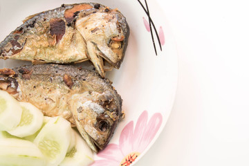 Fried or grilled mackerel fish white background Thai food