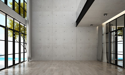 The interior design of empty lounge and living room and concrete wall background and sea view