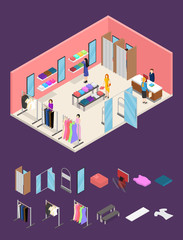 Wall Mural - Interior Clothing Store and Parts Isometric View. Vector