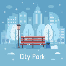 Winter City Park Landscape With Wooden Bench, Street Lamp, Trashcan And Trees On Snow Modern City Background. Snowy Public Park Banner Under Snowfall In Flat Design. Wintertime Abstract Town Scene.