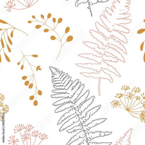 Vector botanical seamless pattern with  stylized berries, fern leaves and dil...