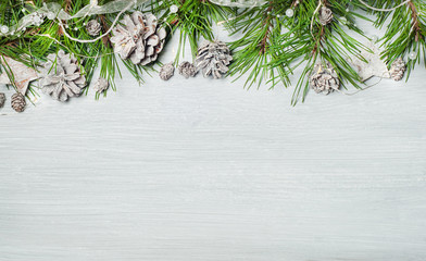 Wall Mural - Christmas wooden rustic background with pine tree