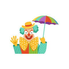 Sticker - Funny circus clown in traditional makeup holding colorful umbrella, a cartoon friendly clown in classic outfit vector Illustration