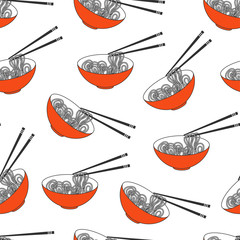 Asian food, ramen noodles bowl vector