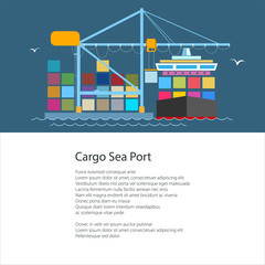 Wall Mural - Poster with Cargo Container Ship at a Seaport, Unloading Containers from a Ship in a Dock , International Freight Transportation and Shipping, Brochure Flyer Design, Vector Illustration