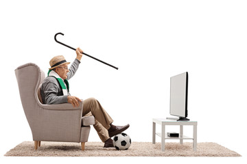 Poster - Overjoyed elderly soccer fan with a scarf and cane watching television