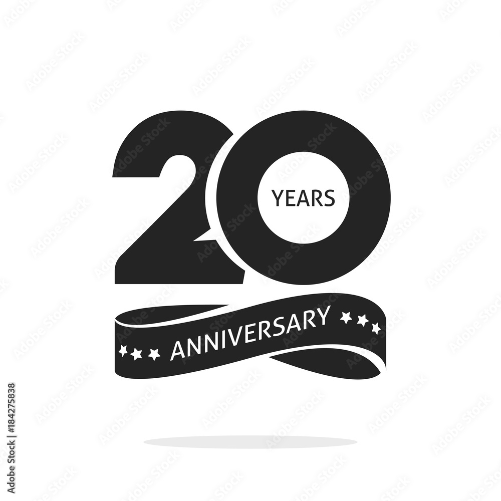 20 years anniversary logo template isolated on white, black and white stamp 20th anniversary icon label with ribbon, twenty year birthday seal symbol - obrazy, fototapety, plakaty 