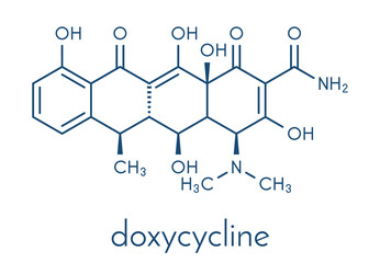 Sticker - Doxycycline antibiotic drug (tetracycline class) molecule. Skeletal formula.