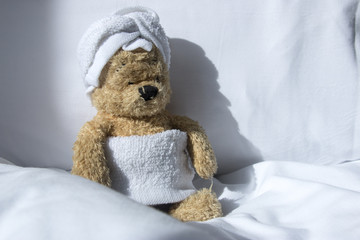 Wall Mural - Bear is ready to bath or shower with head towel 