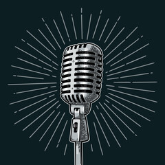 Microphone with ray. Vintage vector black engraving illustration