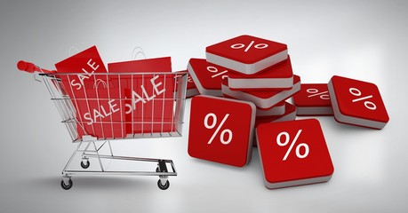 Poster - Sale shopping trolley and bags with percent symbol icons