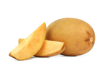 Wall Mural - whole and slice of sapodilla fruit isolated on white background