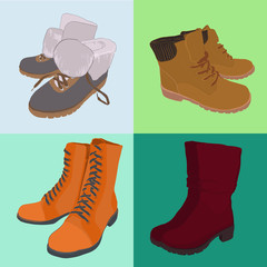 Wall Mural - illustration of Set hand drawn colorful women Footwear in isometric style. Shoes Casual and sport style, gumshoes, boots for cold seasons. Design isolated object.