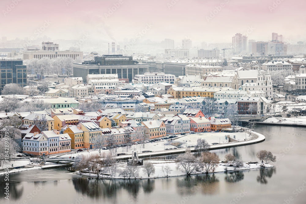 Obraz na płótnie Beautiful winter view of the old town. Minsk. Belarus. w salonie