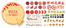 A Set Of Different Ingredients For Pizza For Self-creative. Basis, Sausage, Meat, Seafood, Fresh And Pickled Vegetables, Mushrooms, Cheese, Tomato Paste And Greens.