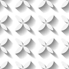 Sticker - Abstract vector seamless pattern mosaic of white four leaf blooms in diagonal arrangement on white background. Simple flat desidn elements with long shadow effect.