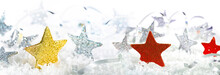 Panoramic Christmas Background. Gold  Red And Silver Stars In The Snow.