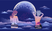 A Romantic Girl Sits On The Background Of The Moon. Body Art Girl, Body Painted With Scenery. Romantic Girl On The Background Of The Moon And Stellar Sky Tattoo And T-shirt Design. Woman Sitting In Th