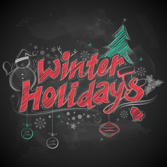 Sticker - Winter Holiday Merry Christmas chalk Lettering Design Set typography style greeting black board background