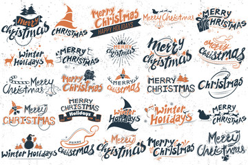 Sticker - Merry Christmas and Winter Holiday Lettering Design Set typography style greeting background