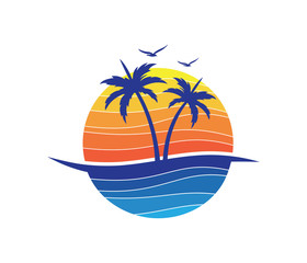 sun beach ocean wave palm coconut tree vector logo design