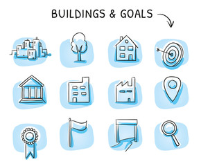 Icon set with buildings and location icons, as industry, office, house, city, finish, flag tree and badge. Hand drawn sketch vector illustration, blue marker style coloring on single blue tiles. 