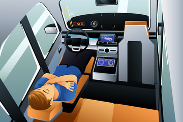 Wall Mural - Man Sleeping in Self Driving Car Illustration