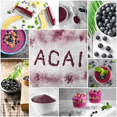 Wall Mural - Collage of different ideas for recipes with acai berries