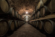 © bondar232 - Wine wooden barrels lying in rows. Basement room of shellfish