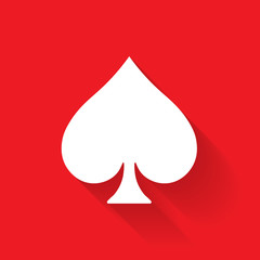 Wall Mural - Spade poker suit symbol. White sign on red background. Simple vector flat element with gradient long shadow effect.