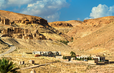 Sticker - View of Doiret, a hilltop-located berber village in South Tunisia