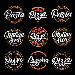 Wall Mural - Set of pizza, pasta, pizzeria and italian food hand written lettering logos, labels, badges.