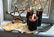 Black magic ritual with pentagram and black candles. Occult, esoteric, divination and wicca concept, mystic background