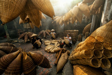 Group Of Old Vietnamese Female Craftsman Making The Traditional Bamboo Fish Trap Or Weave At The Old Traditional House In Thu Sy Trade Village, Hung Yen, Vietnam, Traditional Artist Concept